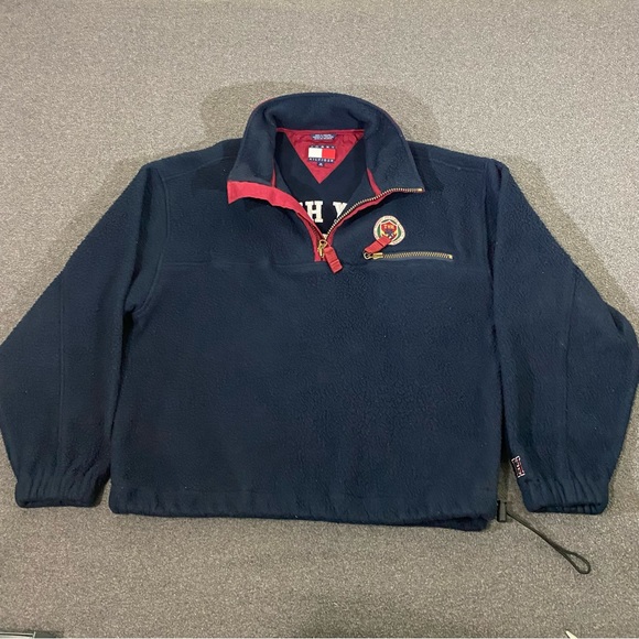 Vintage 90s Tommy Hilfiger Sherpa Fleece Quarter Zip Jacket Embroidered Sz Med - Picture 2 of 11